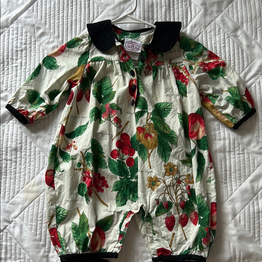 Plum pudding, LTD Floral Baby Romper with Black Collar made in USA vintage